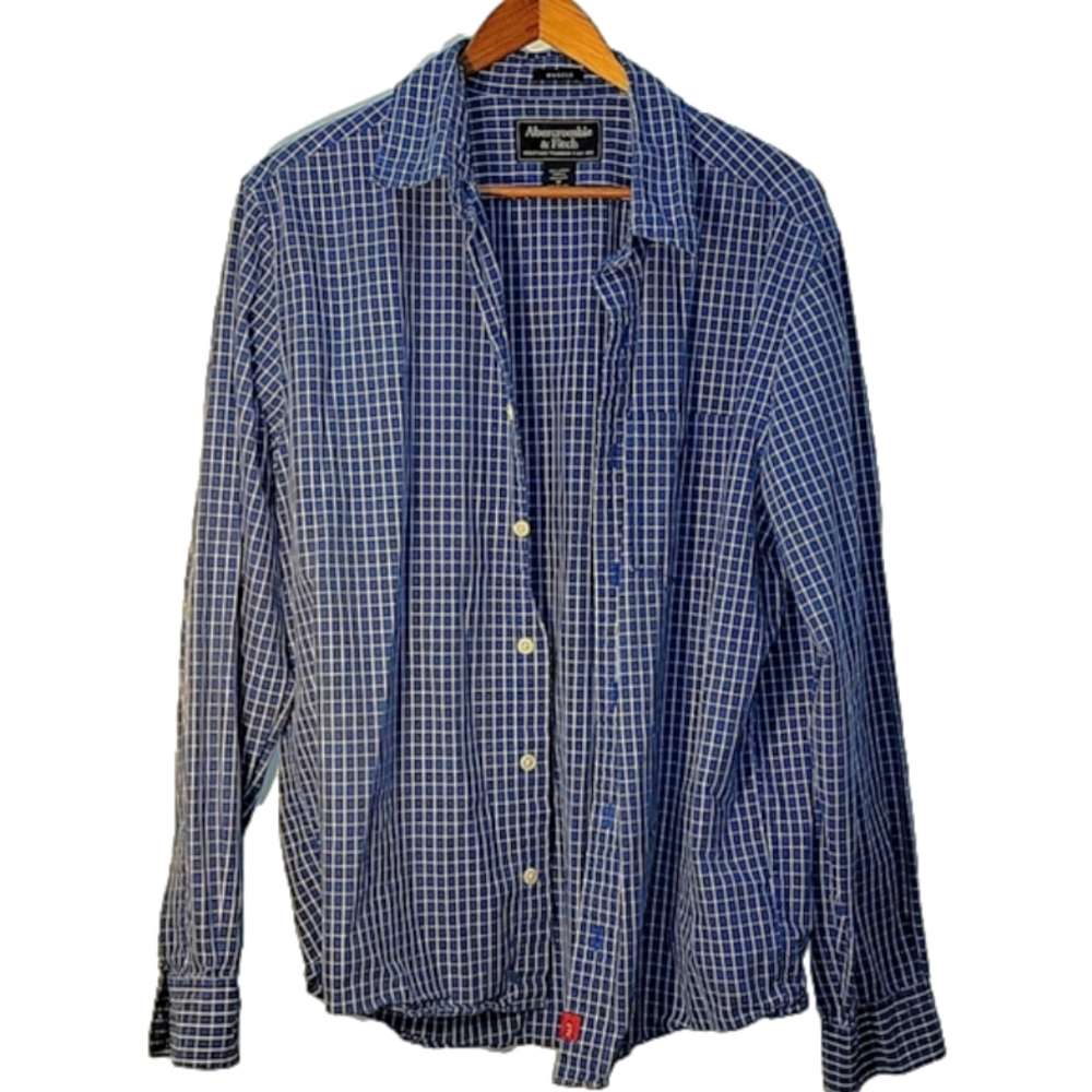 Abercrombie & Fitch Men's Muscle Shirt Blue White Plaid Medium %100 Cotton A&F